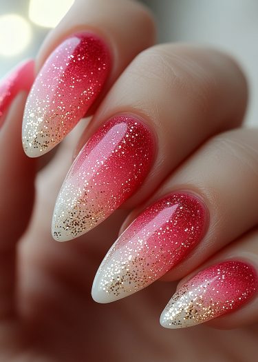 Elegant ombre nail art featuring pink to white gradient with sparkling gold glitter accents.