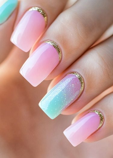 Elegant ombre nail design featuring pastel pink and turquoise with gold glitter accents.