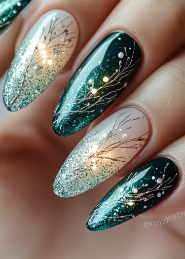 Elegant almond-shaped nails feature a deep emerald ombré design with metallic branches and sparkly accents.