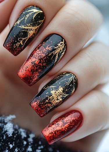 Elegant ombré nails feature glossy black and dark red gradient with intricate gold designs.