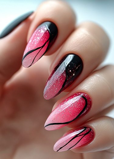 Elegant ombre pink nail art with black accents and shimmer, showcasing stylish almond-shaped design.