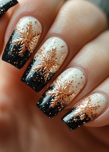 Elegant ombre snowflake nails with gold glitter, perfect for winter celebrations and festive occasions.