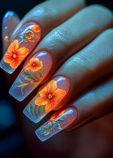 Elegant nail art featuring glowing orange flowers and shimmering background for a stunning manicure.