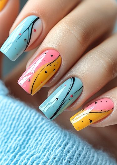 Vibrant pastel nail art with elegant designs in blue, pink, and yellow against a soft background.