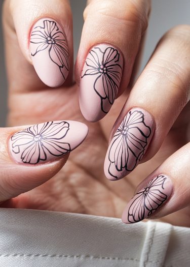 Elegant pastel pink nails with intricate floral designs showcase sophisticated manicure artistry.