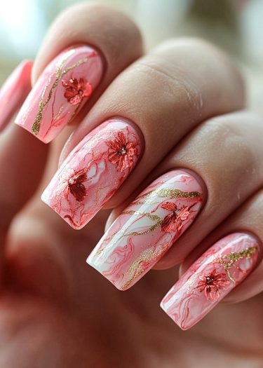 Elegant pastel pink nails featuring marbled designs, floral accents, and gold details.