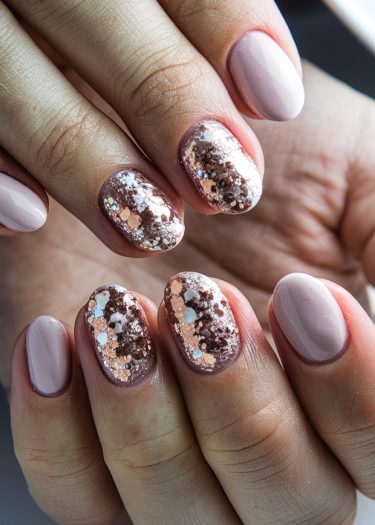 Elegant pastel pink nails with dazzling glitter art for a refined manicure look.