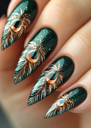 Elegant peacock nail art featuring shimmering green base and intricate feather designs.