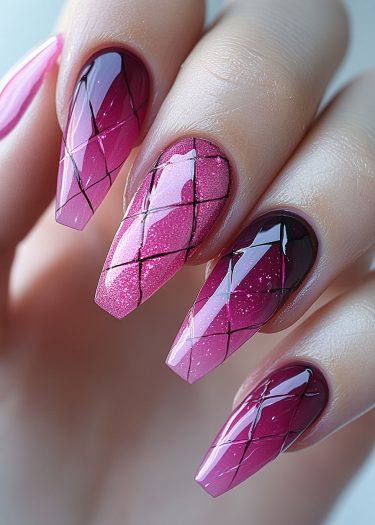 Elegant almond-shaped nails with pink ombré and intricate geometric design for a glamorous manicure.