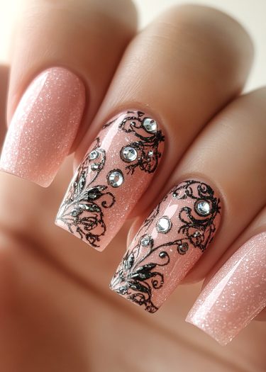 Elegant pink and black nail art featuring intricate designs and sparkling rhinestones.