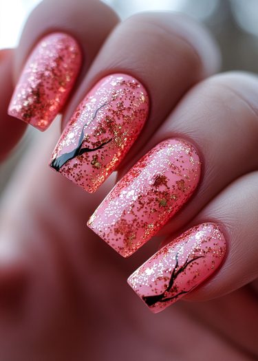 Elegant pink nail art featuring gold glitter and intricate black tree designs.