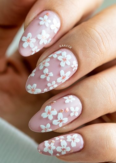 Elegant pink floral nail art featuring delicate designs and subtle embellishments for a sophisticated look.