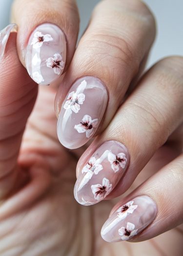 Elegant pink floral nail art with delicate hand-painted designs on beautifully manicured oval nails.