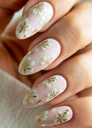 Elegant pink floral nail art with gold accents, showcasing intricate designs and almond shapes.