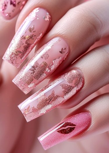 Elegant pink and rose gold floral nail art with intricate designs and shimmering accents.