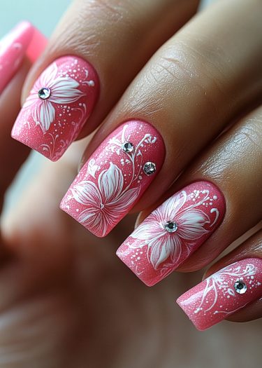 Vibrant pink floral nail art with white flowers and sparkling rhinestones for an elegant look.