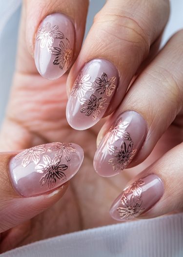 Elegant pink floral nail art with metallic rose gold designs on beautifully manicured fingernails.