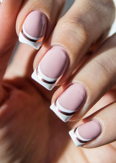 Sophisticated pink French tip nails with metallic accents in a glossy, polished finish.