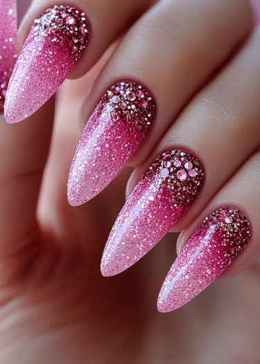 Elegant pink glitter nails showcasing an ombre effect and meticulous artistry for a glamorous look.