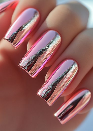 Elegant pink chrome nails with glittery gradient design, showcasing luxurious and stylish manicure.