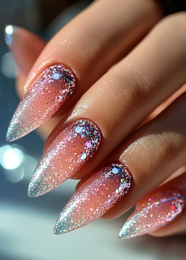 Elegant pink ombre nails with shimmering glitter tips, perfect for a glamorous look.