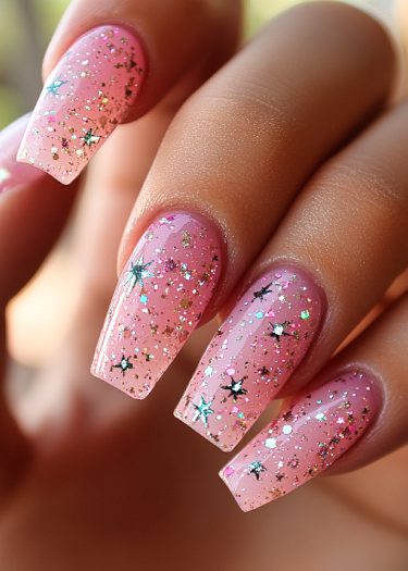 Elegant pink coffin nails with glitter and star designs, perfect for stylish manicures.