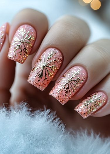 Elegant peach and gold nail art with glitter, showcasing intricate designs and a luxurious finish.