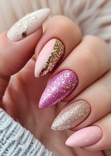 Elegant pink and gold nail art designs showcasing glitter and glamorous pastel hues.