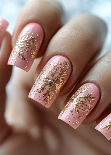 Elegant pink and gold nail art featuring intricate designs and luxurious detailing.