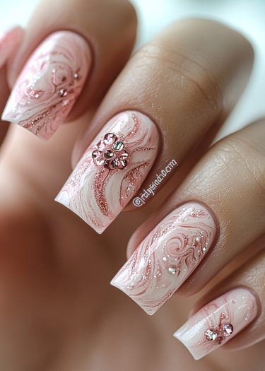 Elegant pink marble nail art with rhinestones for a stylish and sophisticated manicure.