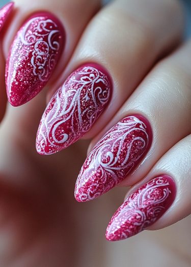 Elegant red almond-shaped nails with intricate white lace patterns and glitter for a glamorous look.