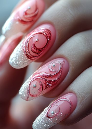 Elegant pink nail art with glitter and rhinestones for a chic, modern look.