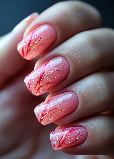 Exquisite pink nail art with red brush strokes and glitter highlights for elegant manicures.