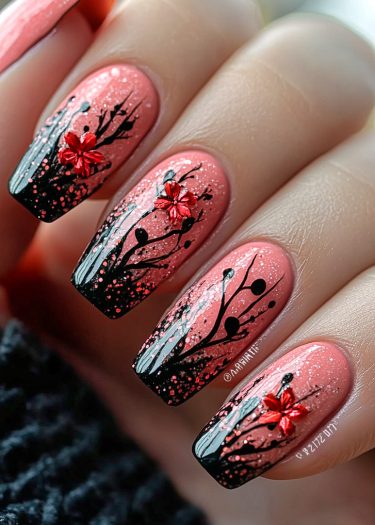 Intricate pink nail art featuring black branches and red flowers for an elegant look.