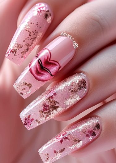 Elegant pink nail art with glitter and unique designs on coffin-shaped nails.