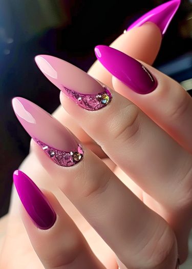 Stunning pink nail design featuring glitter accents and elegant almond shapes for a chic look.