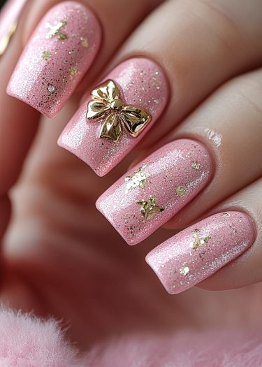 Elegant pink nails with glitter, gold accents, and a charming bow for a stylish manicure.