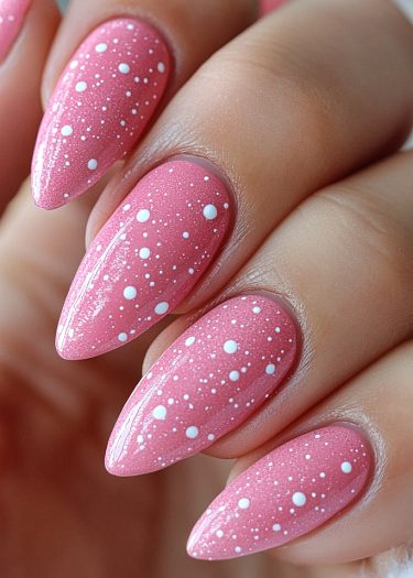 Elegant pink nails with whimsical white polka dots, showcasing modern nail art creativity.