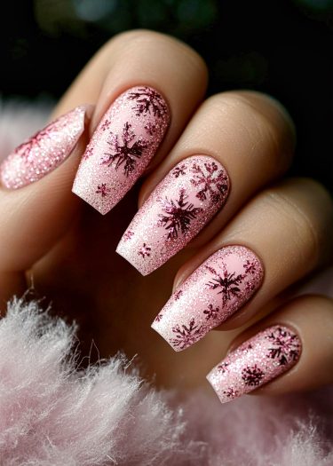 Elegant pink snowflake nails with glitter, perfect for holiday festivities or special occasions.