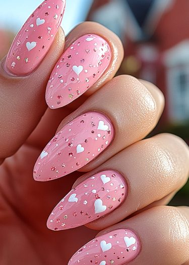 Elegant pastel pink stiletto nails with heart decorations and glitter provide a romantic touch.