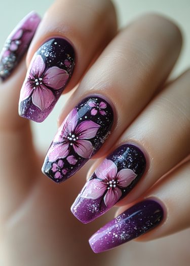 Elegant purple floral nail art with shimmering details, featuring intricate pink flower designs.