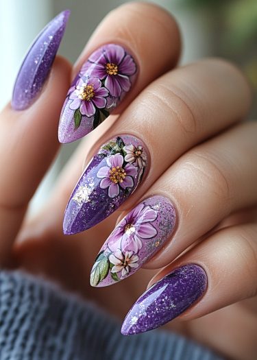 Elegant purple floral nail art with glitter accents for a luxurious and stylish manicure.