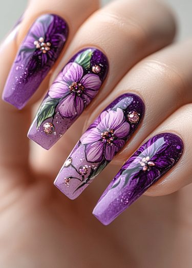 Elegant purple floral nails with intricate designs and sparkling accents for a stunning manicure.