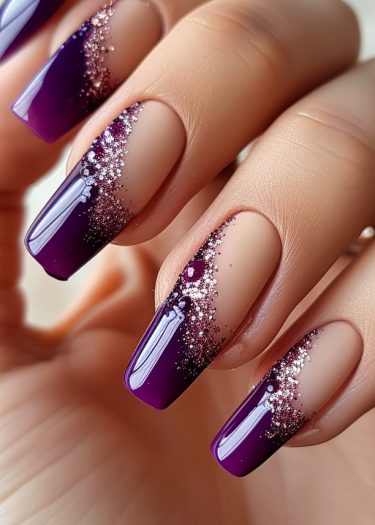 Chic coffin nails with purple gradient and glitter for a glamorous nail design look.