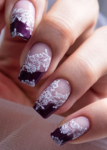 Elegant almond-shaped nails with purple gradient and white lace design for a sophisticated look.