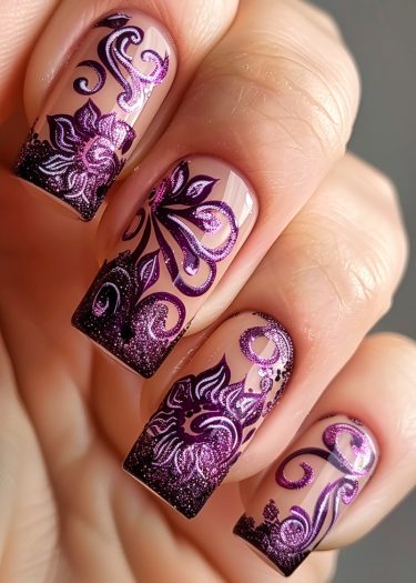 Elegant purple nail art featuring intricate floral designs on a nude base.