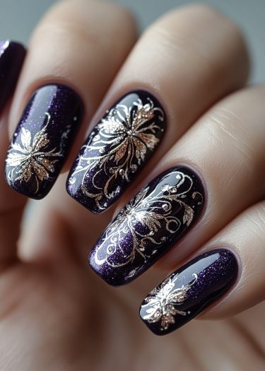 Elegant dark purple nail art with gold floral designs and sparkling detail.