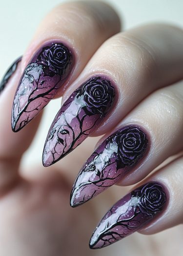 Stunning purple ombre stiletto nails featuring intricate rose designs and elegant black detailing.