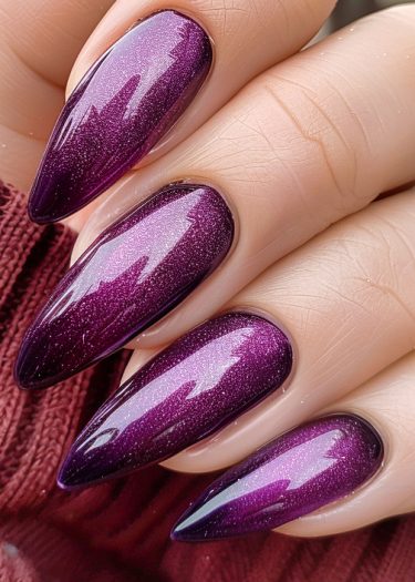 Elegant plum stiletto nails with glossy ombre finish and glitter on well-manicured hand.