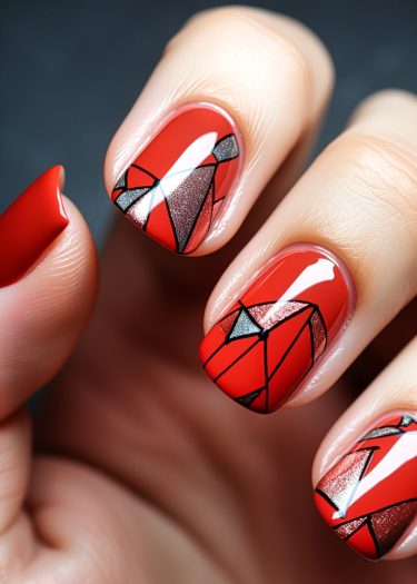 Elegant red and black nail art featuring geometric designs and metallic accents.